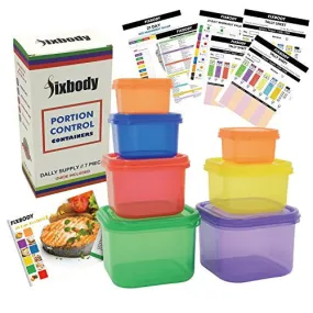 FIXBODY 7 PIECE PORTION CONTROL CONTAINERS KIT COLOR-CODED LABELED MEAL PREP FOOD STORAGE CONTAINERS,LOSE WEIGHT (COMPLETE GUIDE   FREE 21 DAY PDF PLANNER   RECIPE E-BOOK   BODY PDF TRACKER INCLUDED)