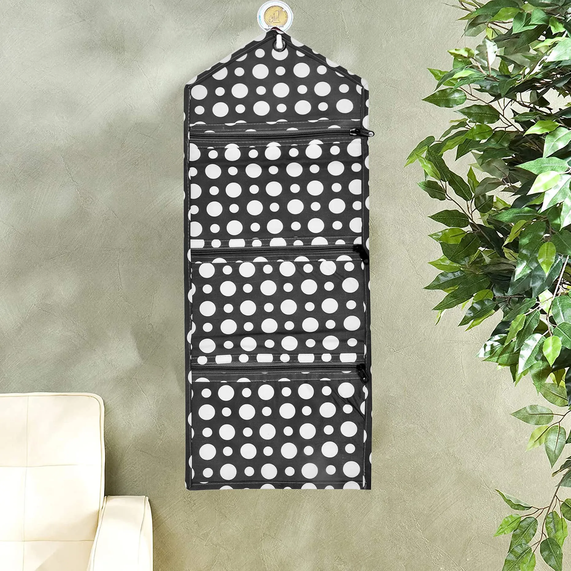 Kuber Industries Dot Printed Wall Hanging Magazine Letter Holder/Organizer With 3 Zipper Pockets (Black & White)-HS43KUBMART25743, Polyvinyl Chloride