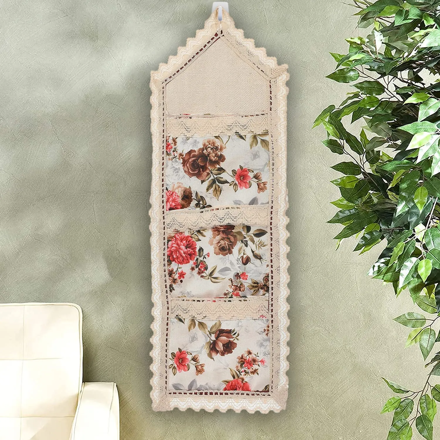 Kuber Industries Flower Printed Wall Hanging Organizer For Small Accessories, Stationery, Jewelry, Magazine, Letter- Pack of 2 (Cream & Red)-50KM01178