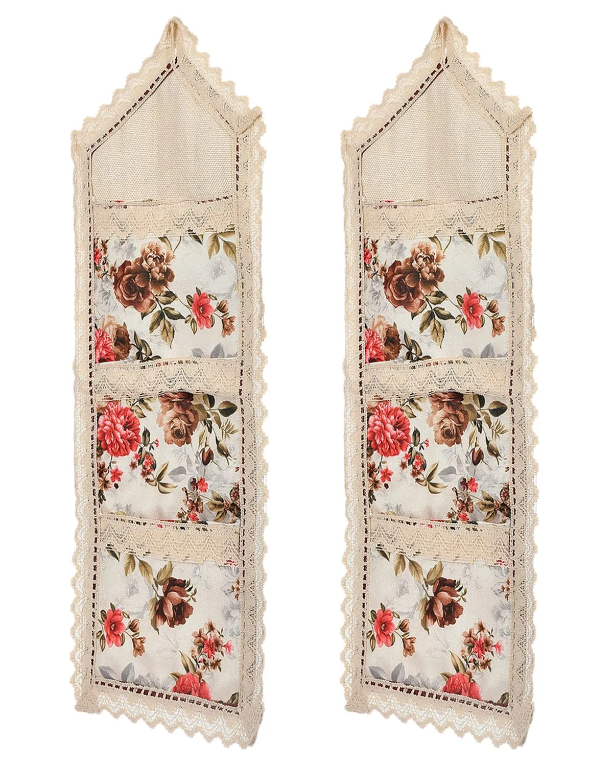 Kuber Industries Flower Printed Wall Hanging Organizer For Small Accessories, Stationery, Jewelry, Magazine, Letter- Pack of 2 (Cream & Red)-50KM01178