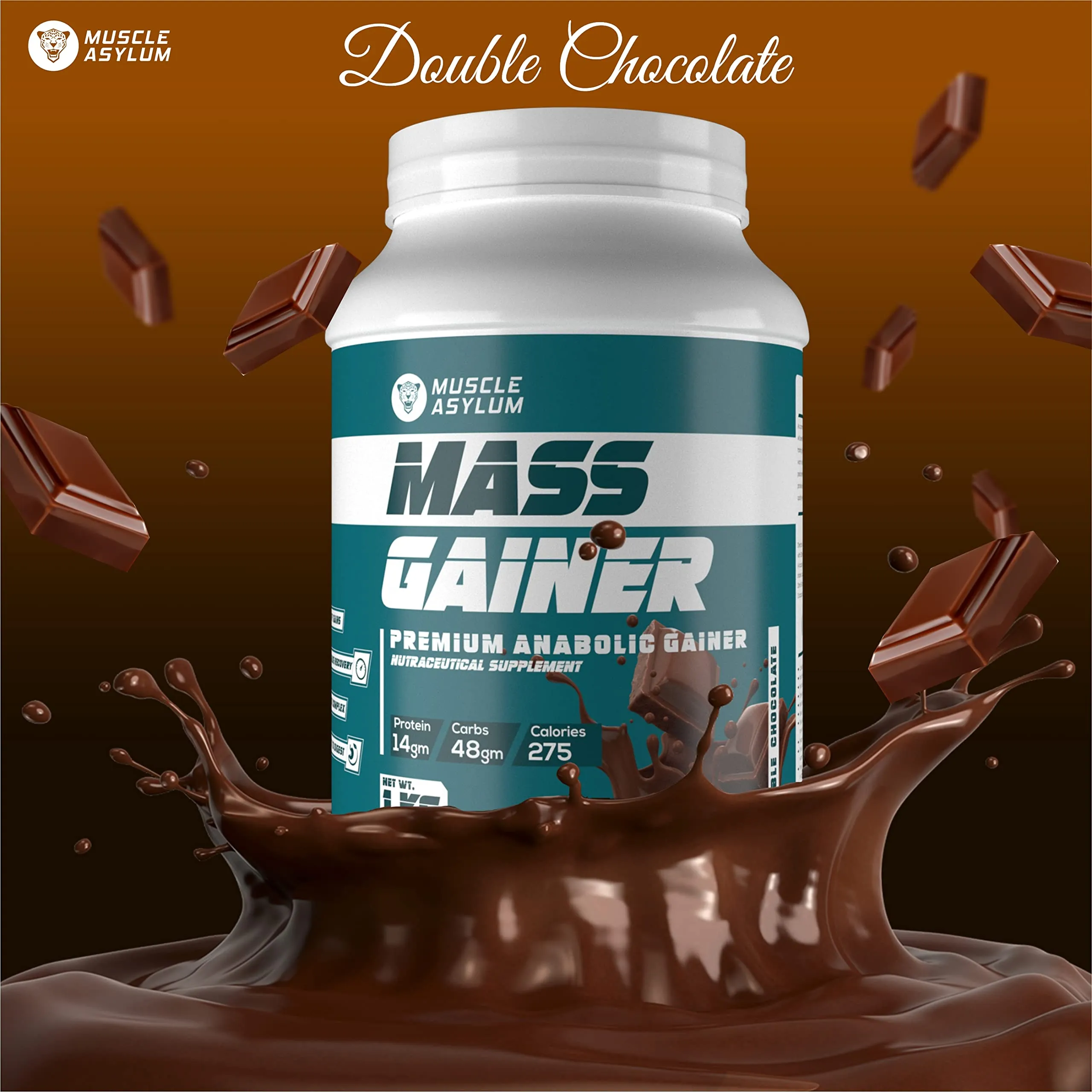 Muscle Asylum- Muscle Mass Anabolic Gainer-14g Protein,48g carbs, 275g Calories High Calorie Mass Gainer Weight Gainer Powder Chocolate (2.2lb, 14 Servings)