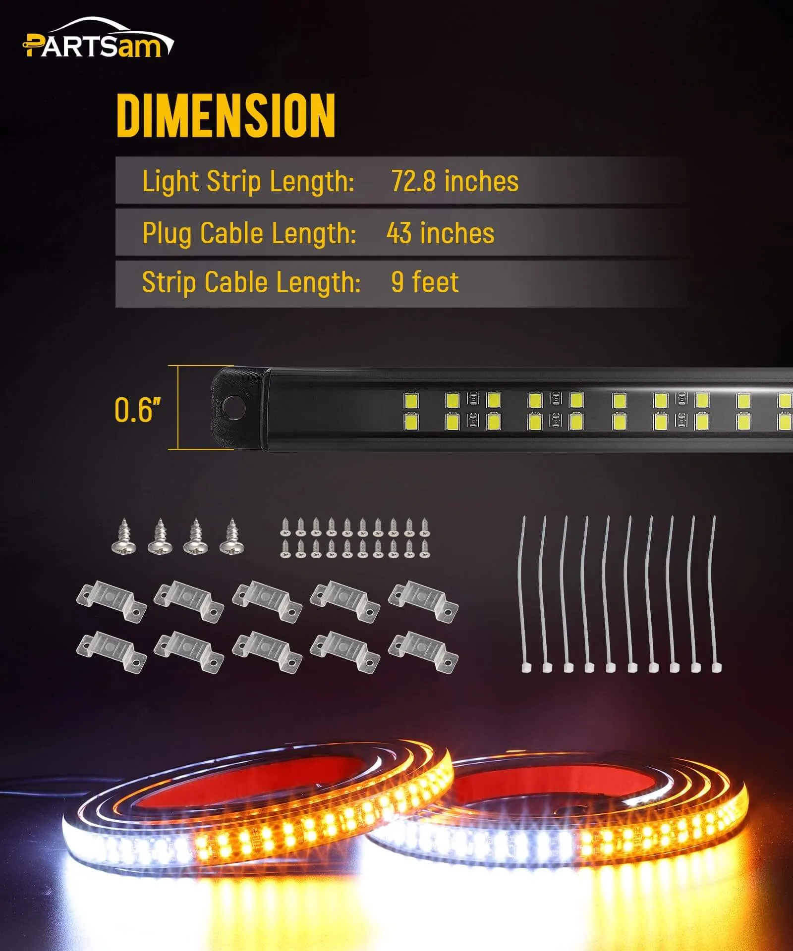 Partsam 2 in 172 inch Emergency Strobe Lights Strip 1064 LED Running Board Lights Amber White Warning Flashing Hazard Safety Beacon Lights Waterproof for Trucks Construction Vehicles Pickup SUV