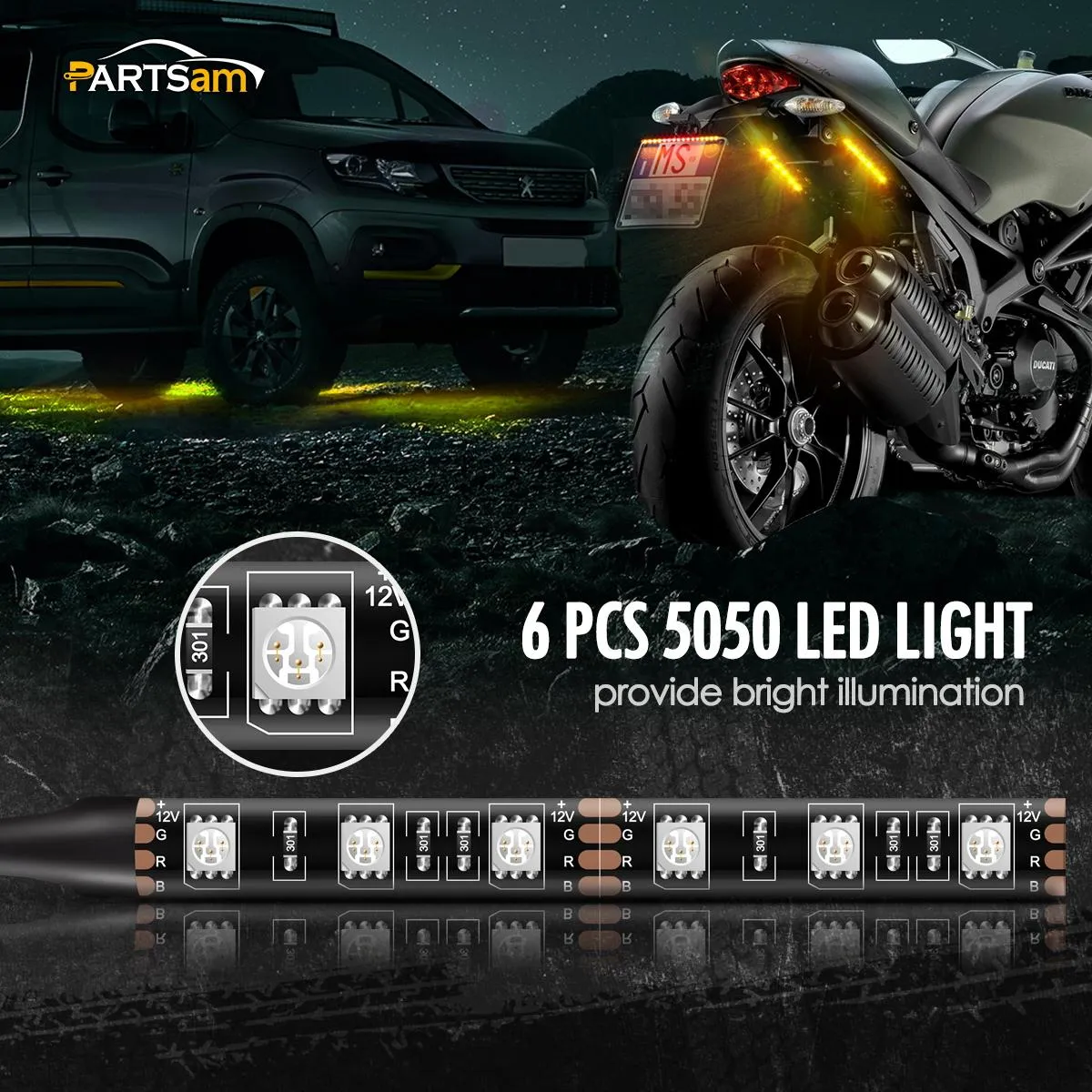 Partsam LED Strip Light Bar 2X 6 LED Black Third Brake Light Motorcycle Turn Signal Backup License Plate Universal Amber Lights Strip