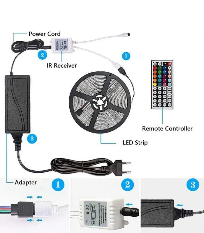 RGB LED Strip Light Kit, 5050 12V, Non-Waterproof IP20, 60 LEDs/m, 5 Meters, Enhanced Brightness