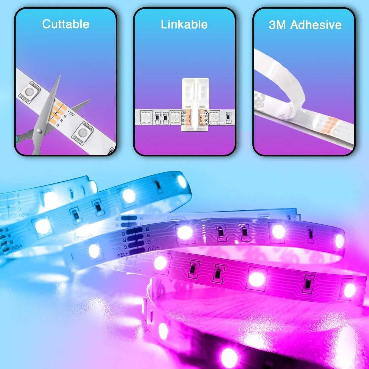 RGB LED Strip Light Kit, 5050 12V, Non-Waterproof IP20, 60 LEDs/m, 5 Meters, Enhanced Brightness